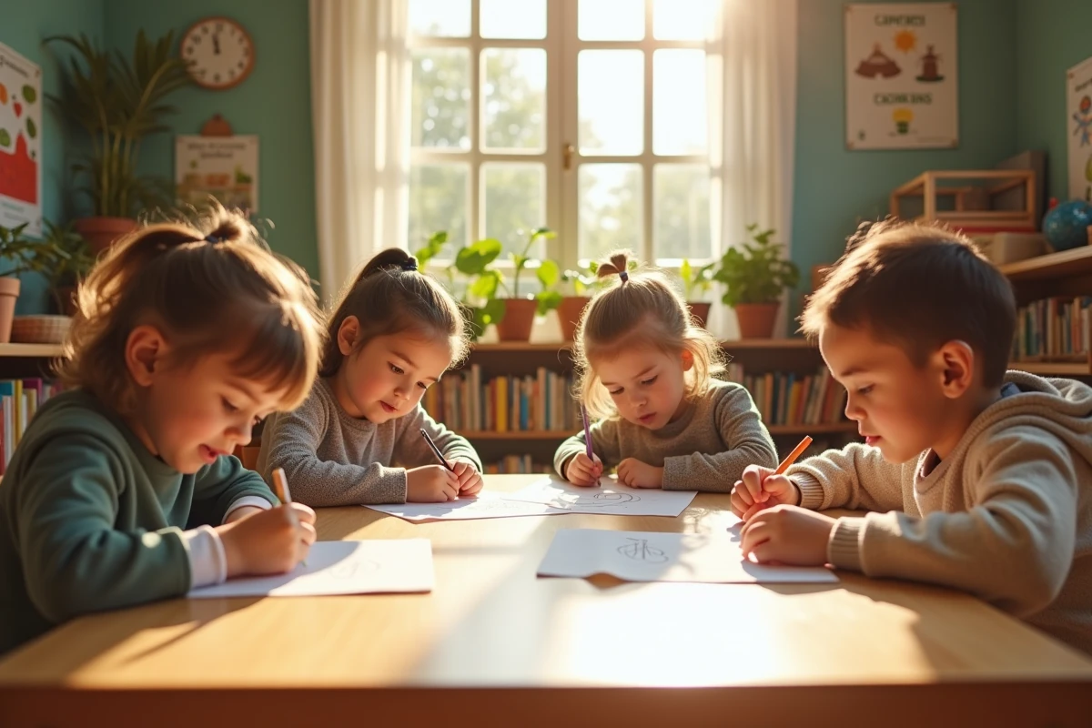 Enfants dessinant dans une classe lumineuse et écologique
