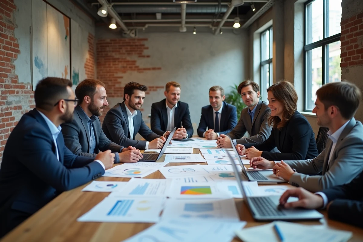 Groupe de professionnels en discussion dans une salle moderne