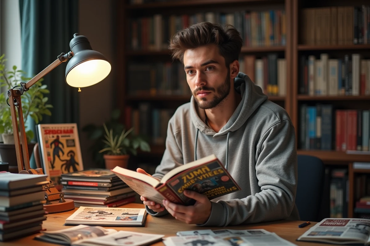 Jeune homme étudiant les différences entre les vilains de Spider-Man en bande dessinée et au cinéma à son bureau