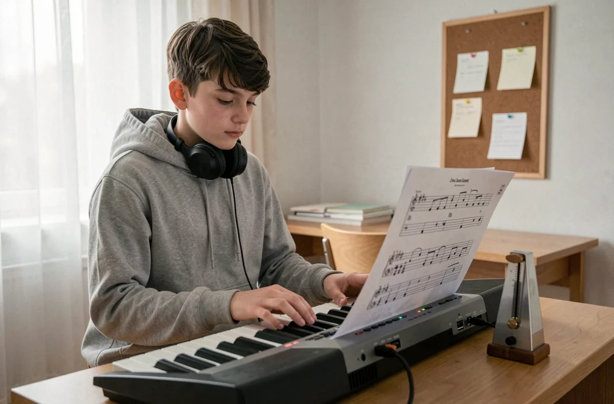 Étudiant adolescent s'exerçant au clavier numérique avec un métronome mécanique et des partitions de gamme Si bémol dans une chambre