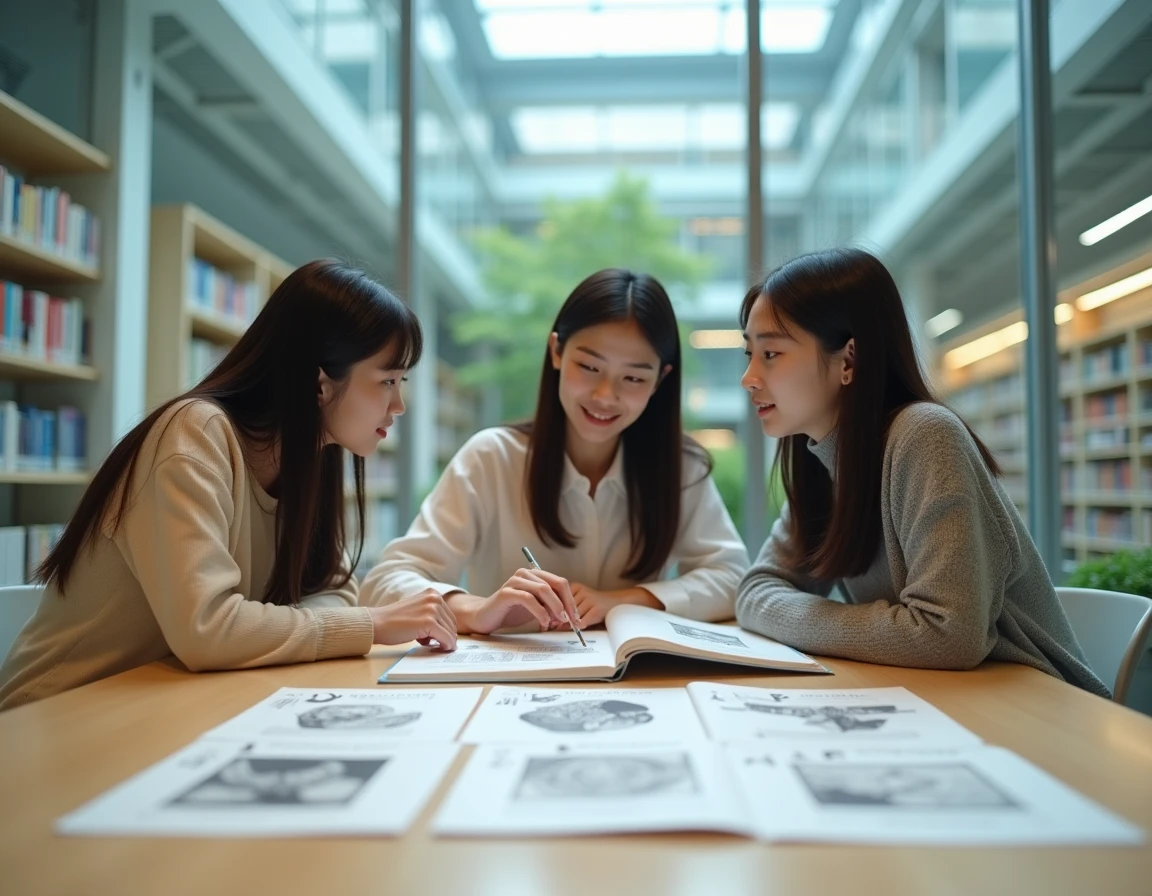 Groupe d'étudiants japonais discutant de l'histoire du manga autour de documents académiques dans une bibliothèque universitaire moderne