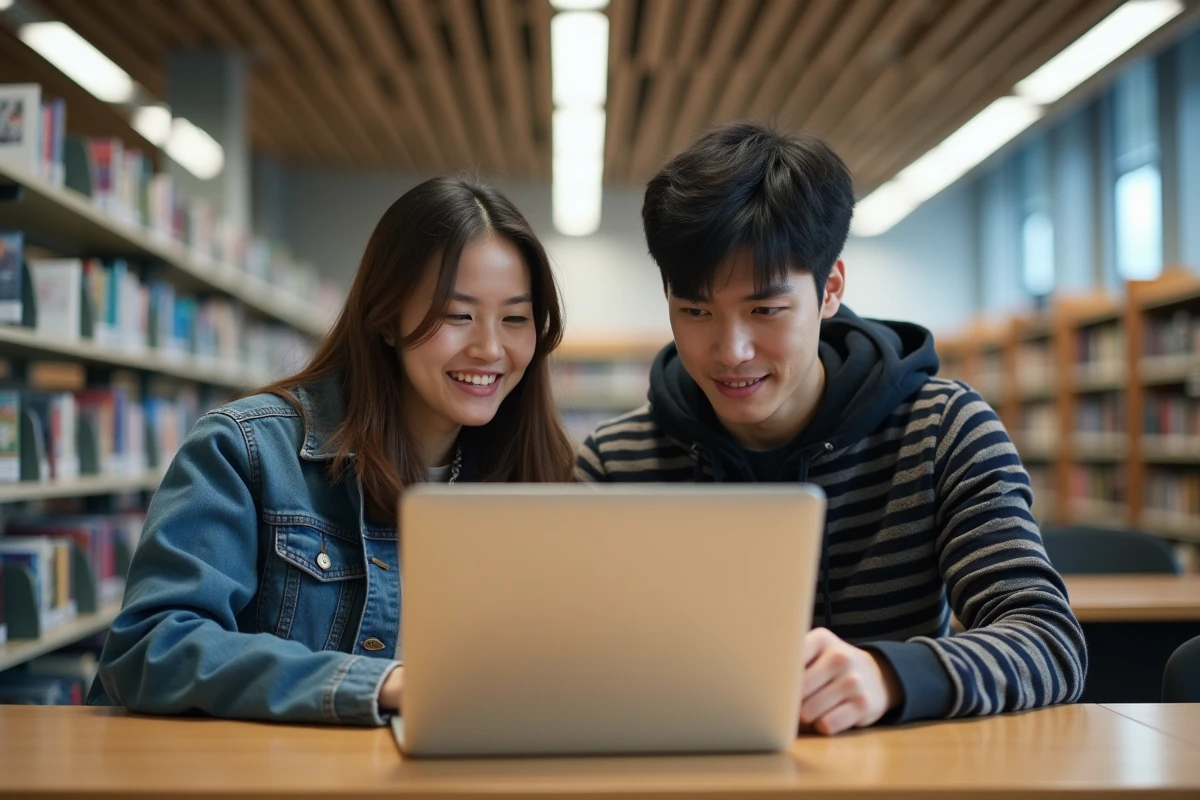 Deux étudiants discutant de la légalité des sites de scans de manga devant un ordinateur portable en bibliothèque universitaire
