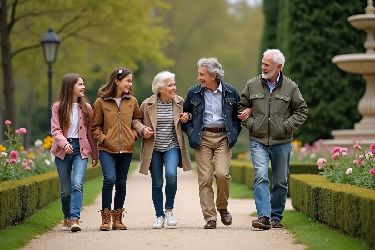 Famille multigeneration dans un parc parisien en promenade