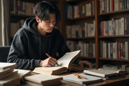 Jeune fan de manga lisant un volume de Black Clover à son bureau encombré de mangas et de notes