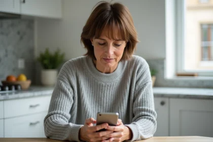 Femme regardant un appel inconnu sur son smartphone avec une expression perplexe