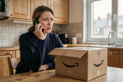 Femme téléphonant au service client Amazon après réception d'un colis, assise dans une cuisine moderne