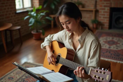 Jeune femme apprenant les accords de guitare acoustique avec une partition de Petite Marie sur un pupitre dans un salon cosy
