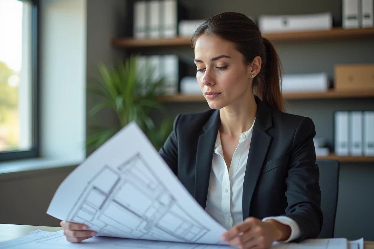 Jeune femme architecte examinant des plans dans un bureau