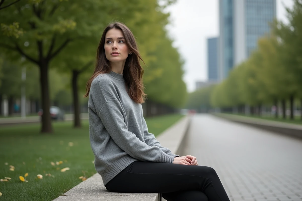 Jeune femme assise dans un parc urbain avec un pull gris