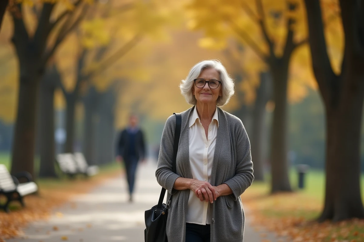 Femme âgée marchant dans un parc en automne avec des feuilles mortes