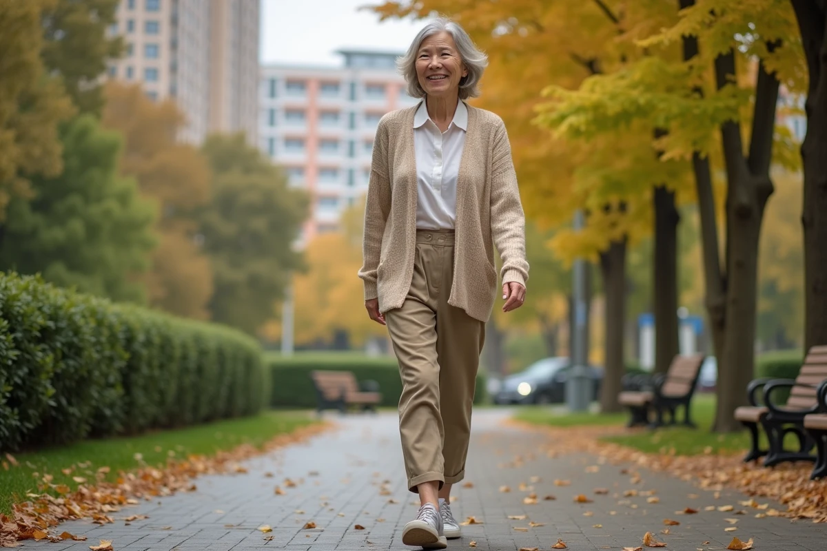 Femme souriante marche dans un parc en automne
