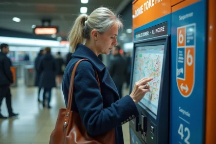 Femme consultant une carte des zones tarifaires RER sur une borne de la gare Transilien en Île-de-France