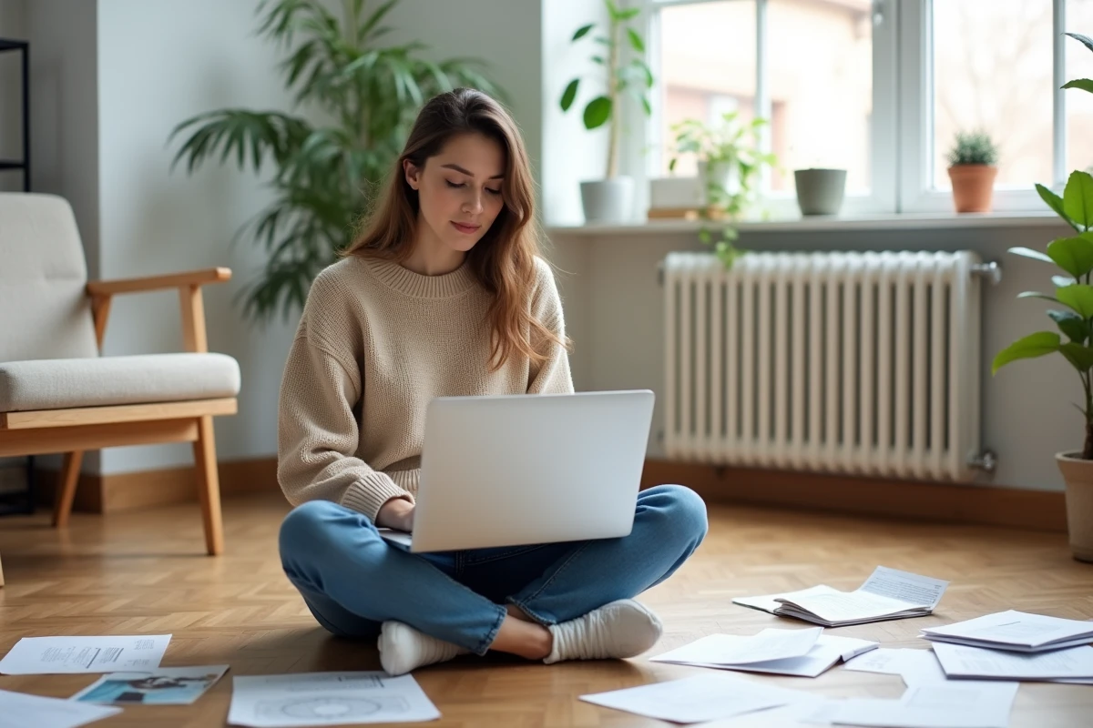 Jeune femme utilisant un ordinateur portable dans un salon lumineux