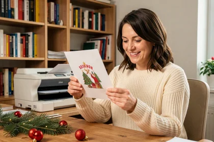 Femme tenant une carte de Noël imprimée à la maison, assise à un bureau en bois avec des décorations festives