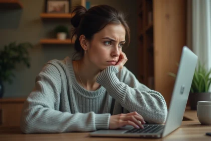 Femme frustrée devant son ordinateur portable essayant d'accéder à un chat en ligne qui ne fonctionne plus