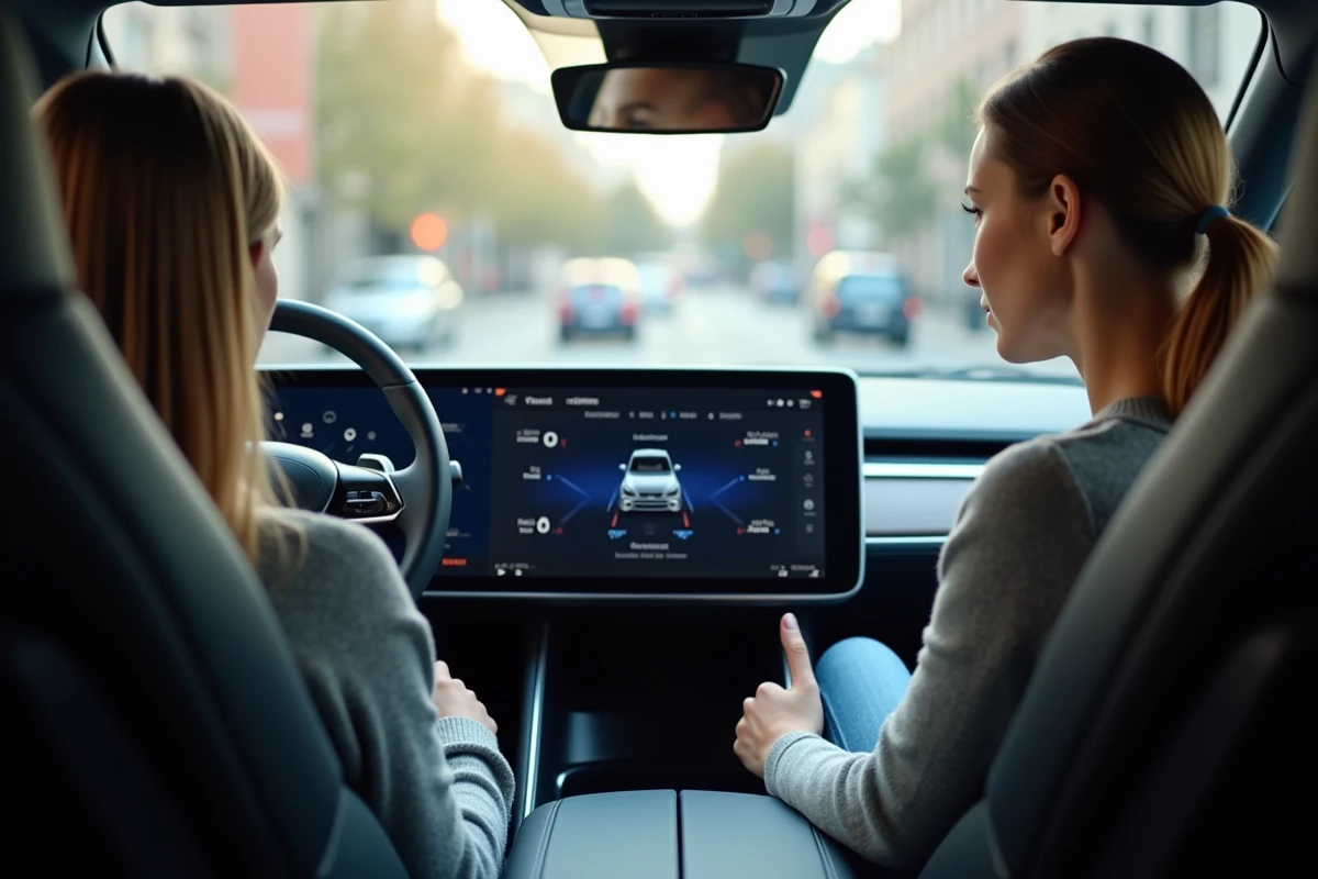 Jeune femme dans la voiture utilisant l