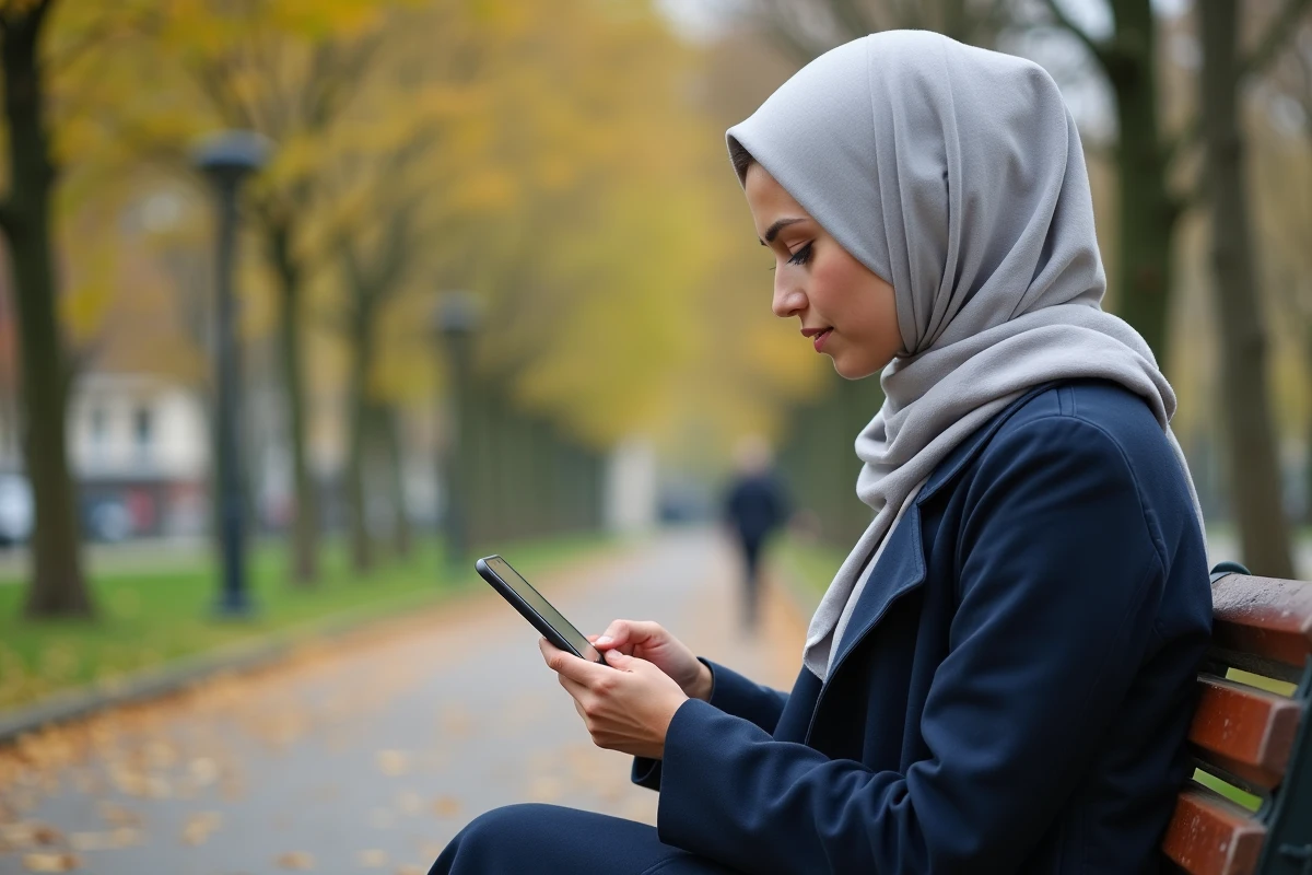 Jeune femme musulmane consultant les horaires de prière sur son téléphone dans un parc de Vénissieux