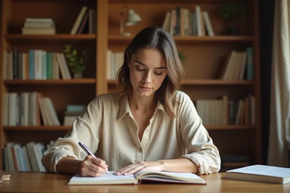 Femme concentrée écrivant dans un cahier ouvert avec une règle de grammaire française, illustrant le choix de la bonne terminaison verbale