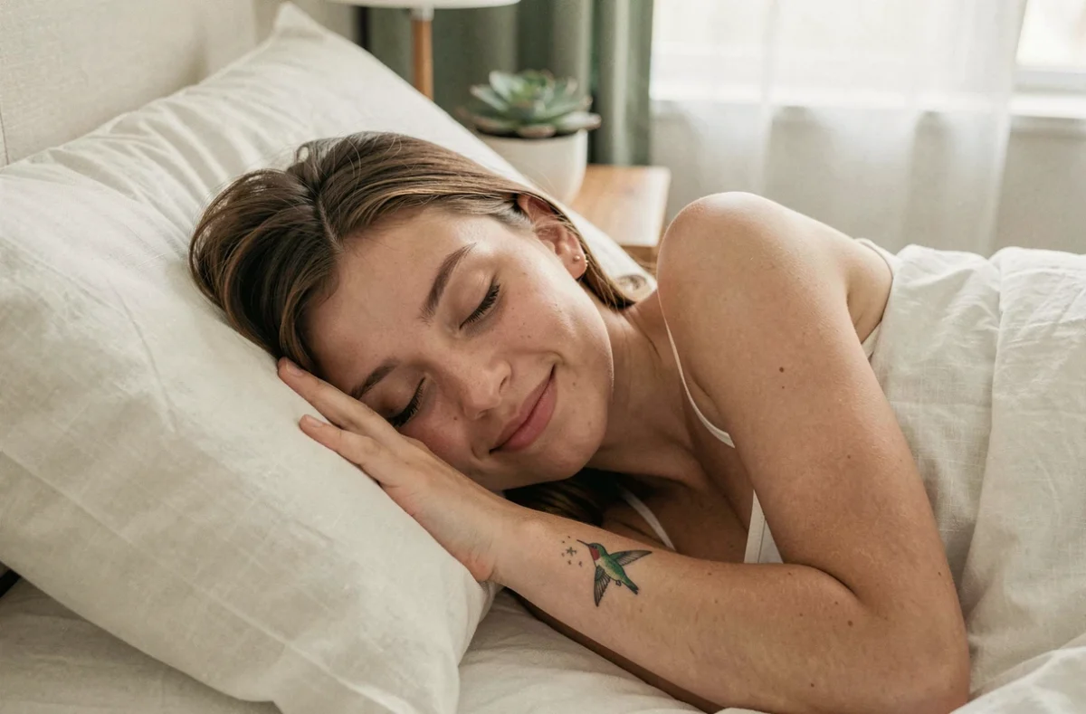 Femme endormie avec un tatouage de colibri sur le poignet, illustrant l'interprétation du colibri dans les rêves