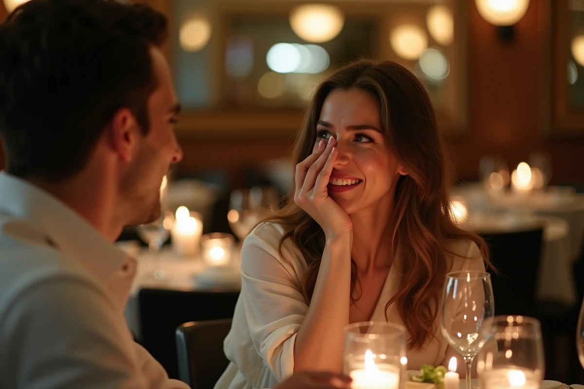 Femme embarrassée souriant après une blague gênante lors d'un dîner romantique au restaurant