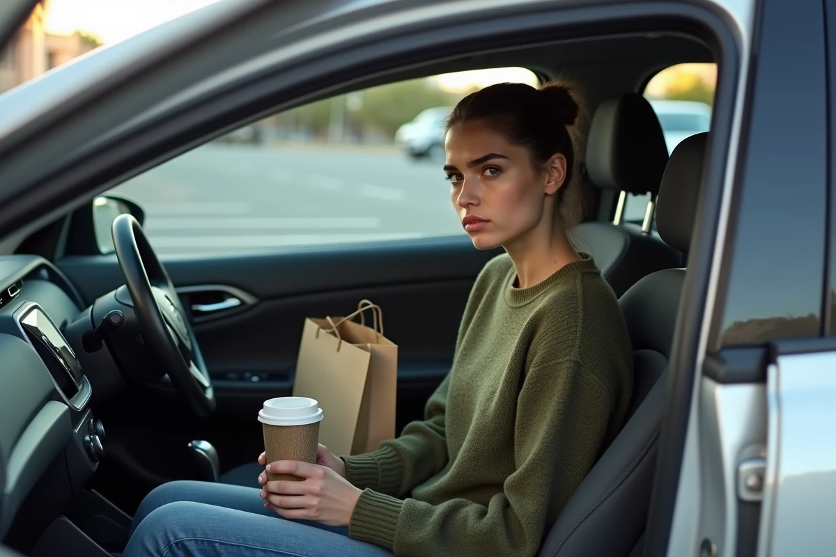 Jeune femme dans la voiture hybride regardant le tableau de bord
