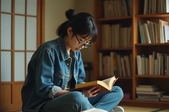 Jeune femme japonaise lisant un manga vintage dans un appartement traditionnel de Tokyo, entourée de volumes anciens sur tatami