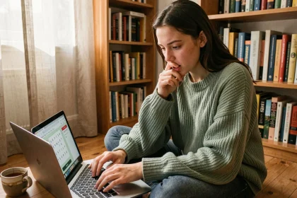 Jeune femme concentrée jouant à un jeu de devinettes de mots sur ordinateur portable, sans se faire spoiler, dans un appartement chaleureux