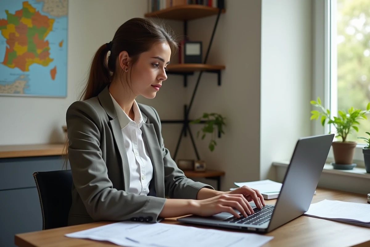 Jeune femme française entre dans des chiffres de location sur son ordinateur
