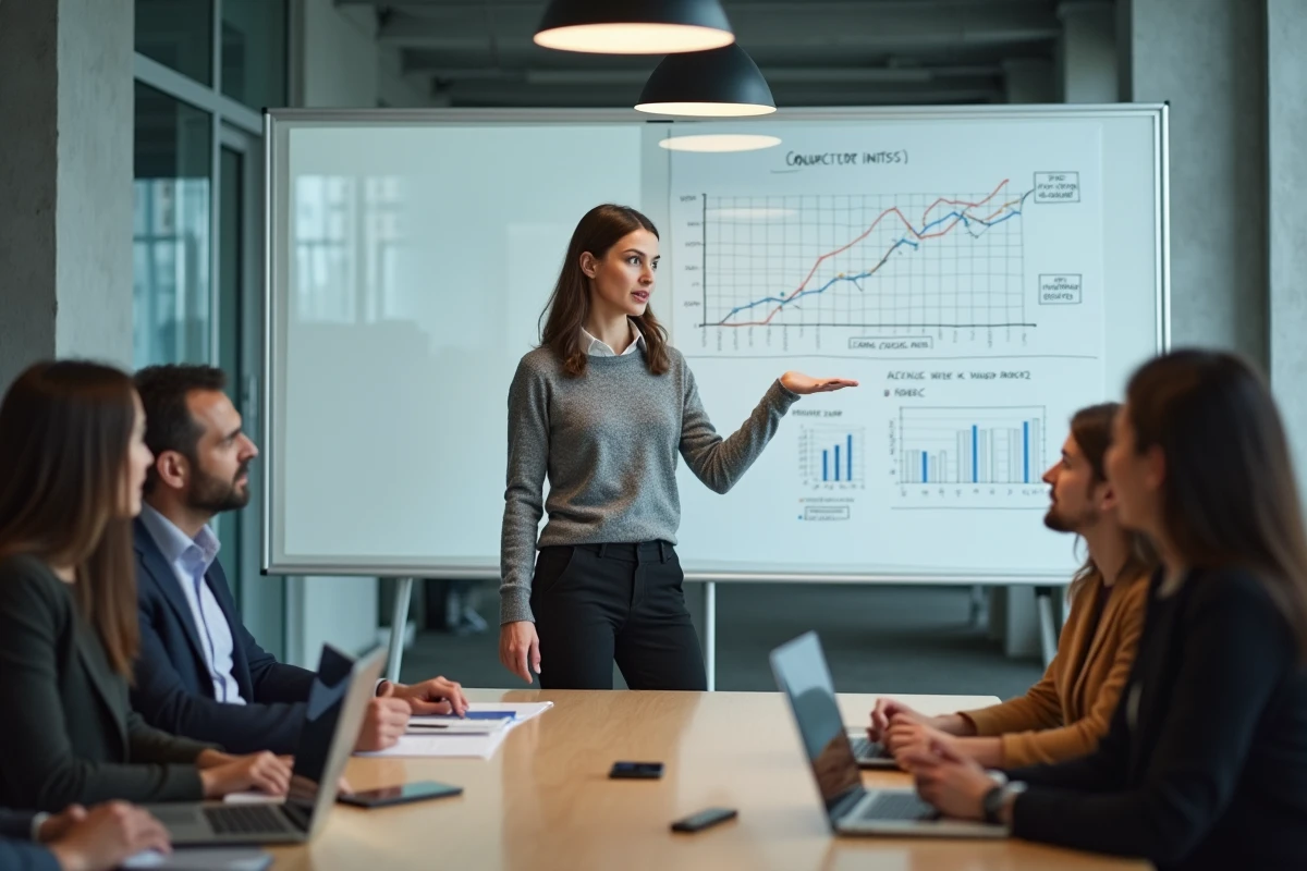 Jeune femme gestionnaire expliquant des analyses de chat à une équipe