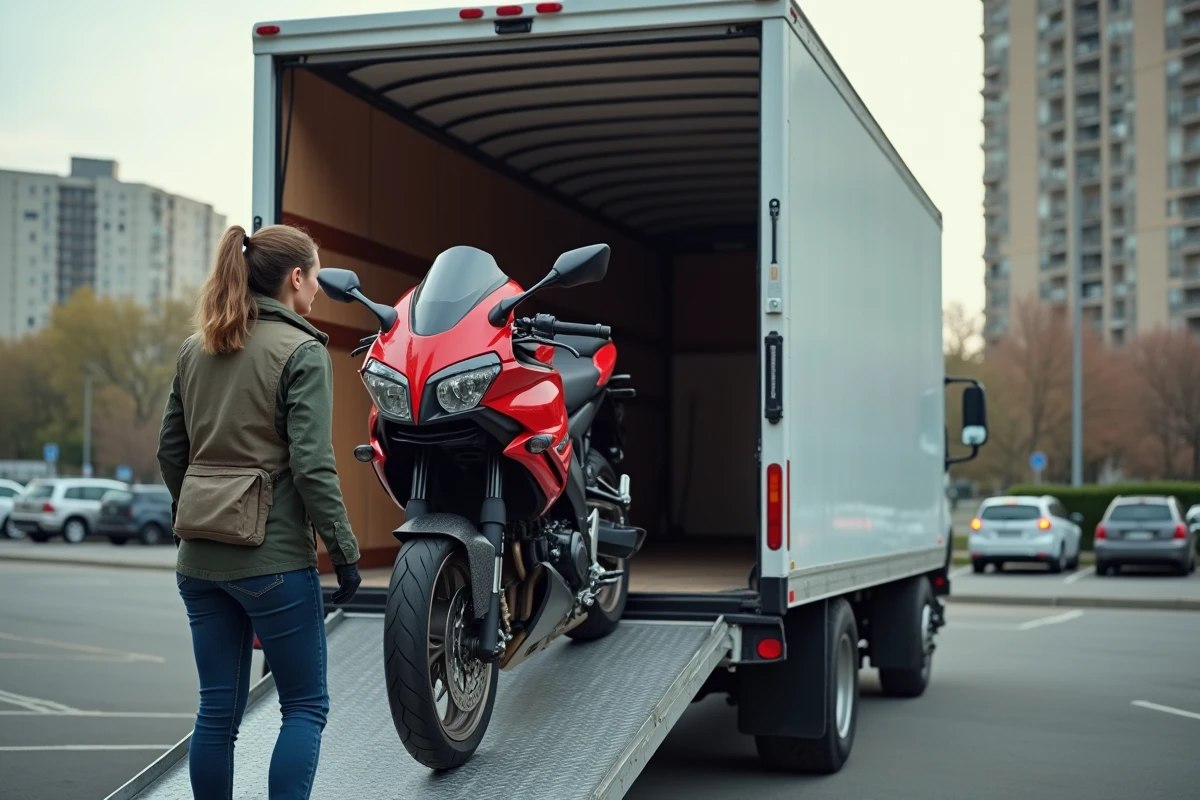Femme chargeant sa moto rouge dans une camionnette urbaine