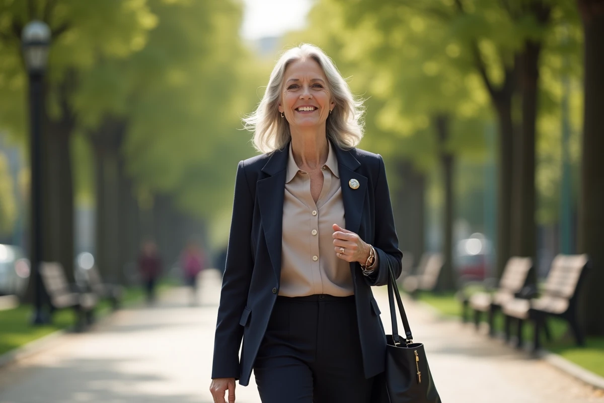 Femme souriante de 60 ans marchant dans un parc urbain