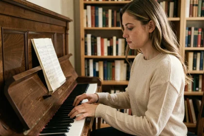 Femme adulte jouant un accord de Si bémol sur un piano droit en bois sombre dans une salle de musique à domicile