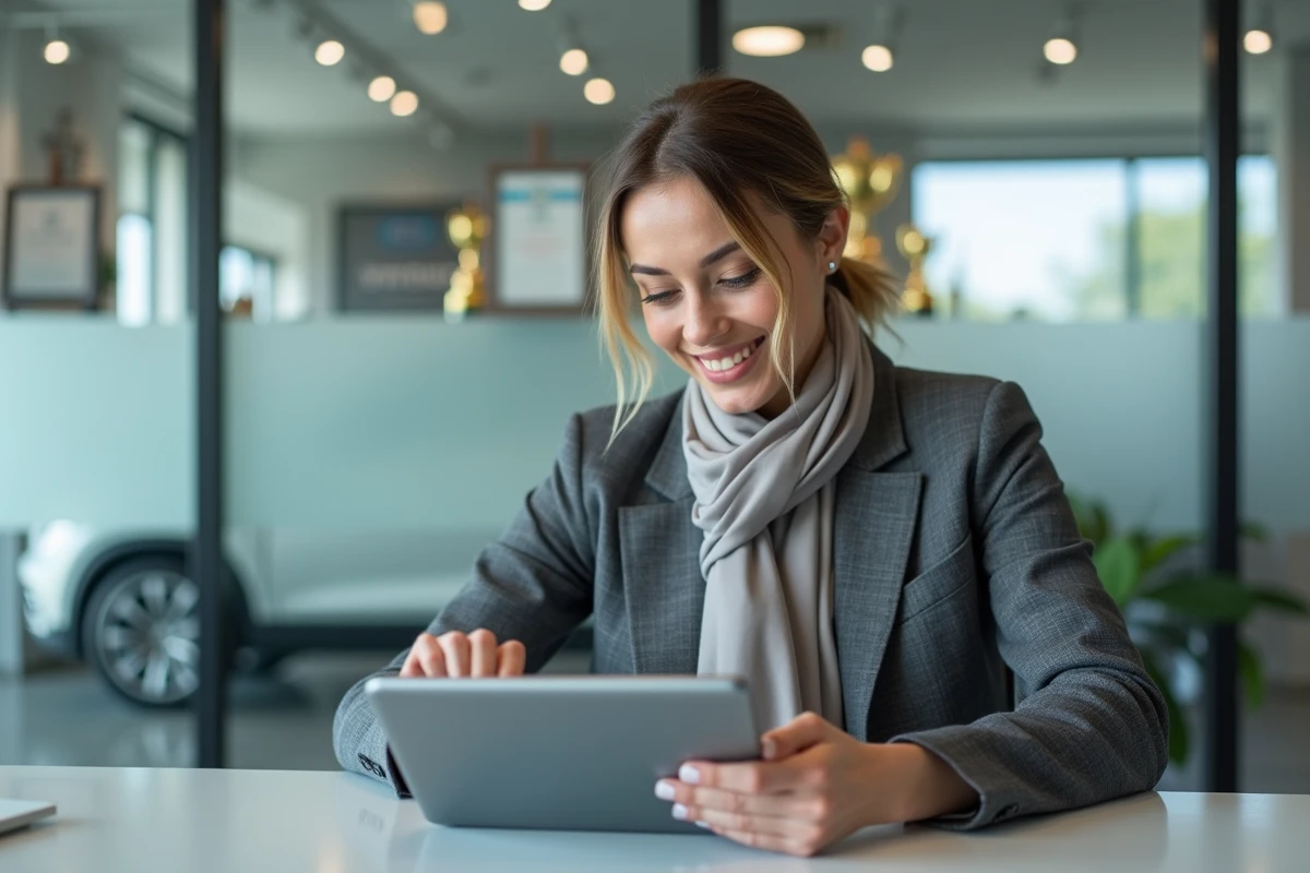 Femme d affaires dans un bureau de concession avec documents et tablette