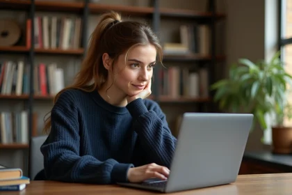 Femme parcourant une liste de chanteurs sur un site web musical depuis son bureau à domicile