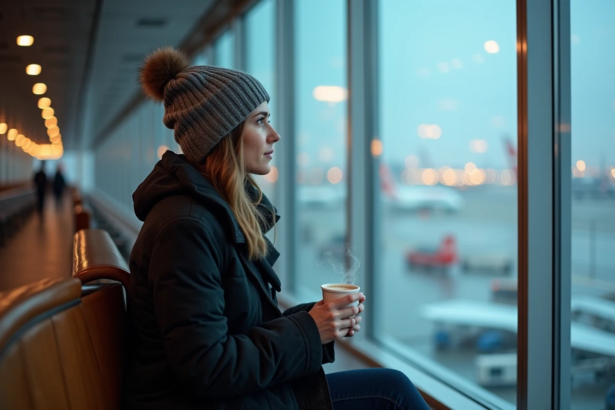 Femme d age moyen regardant par une fenetre d aeroport