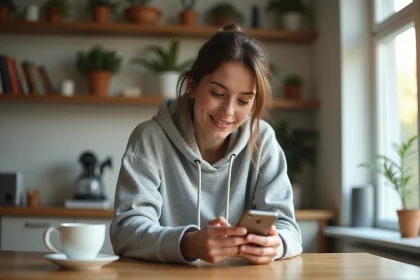 Jeune femme consultant son smartphone pour obtenir des tours gratuits sur Coin Master depuis son domicile