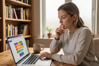 Femme concentrée analysant les indices d'un jeu de mots Cemantix sur son ordinateur portable dans un bureau à domicile chaleureux