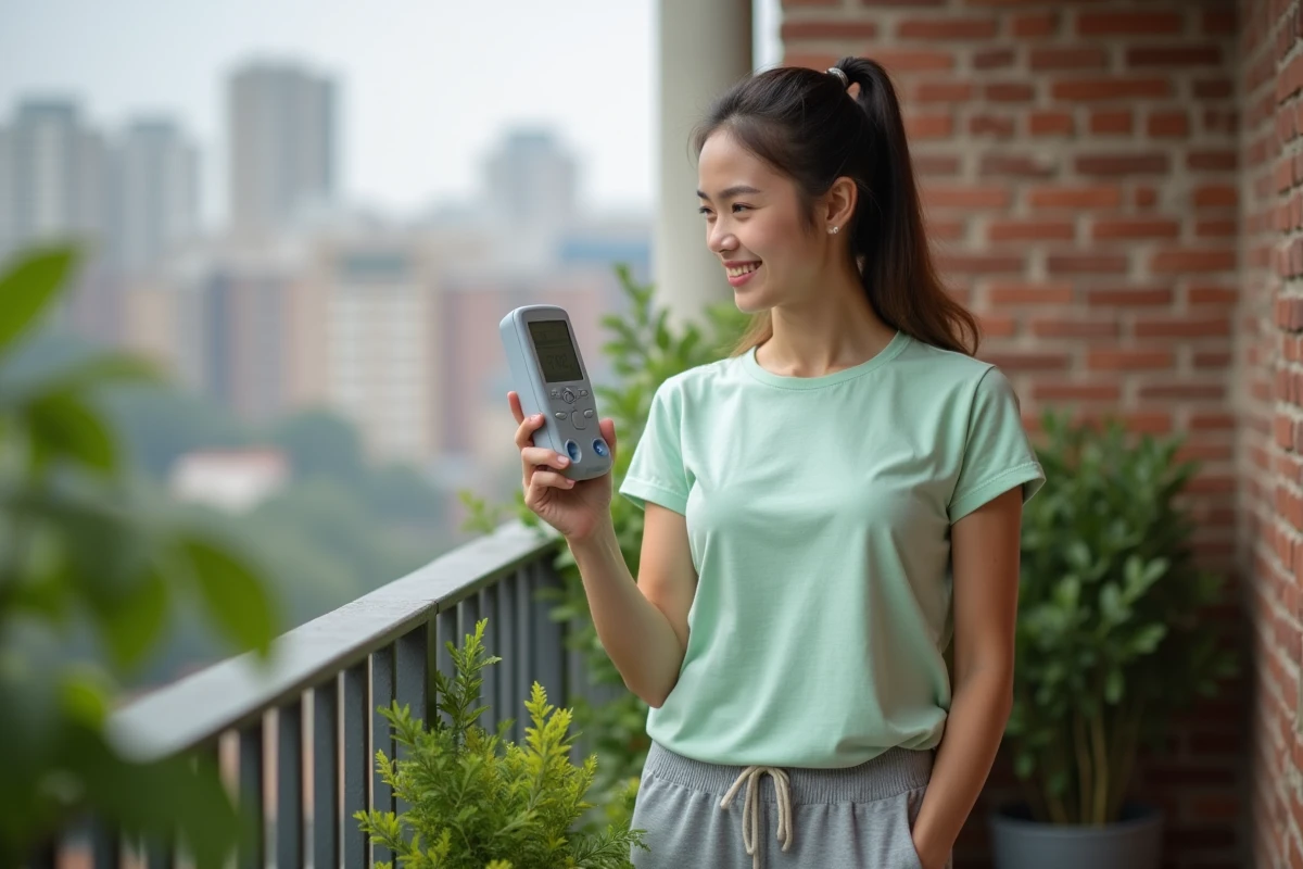 Jeune femme testant sa respiration avec un peak flow en extérieur