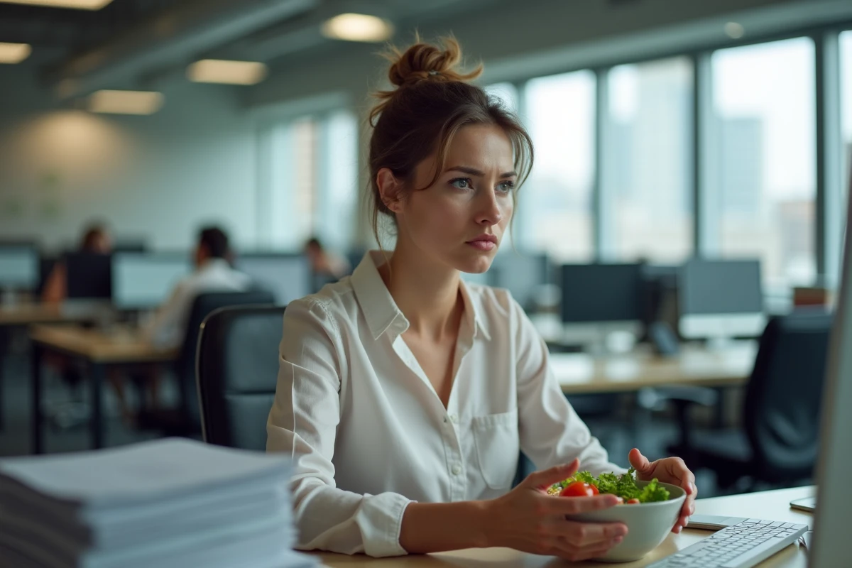 Femme au bureau avec une expression irritée regardant son écran