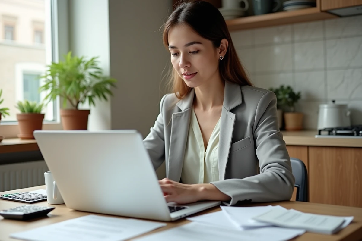 Jeune femme travaillant sur son ordinateur dans la cuisine