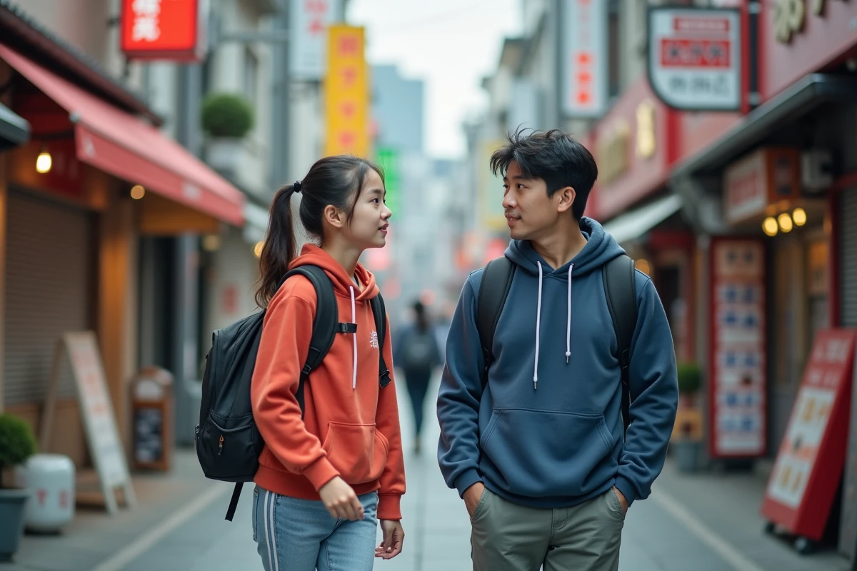 Fille adolescente et son père dans une rue japonaise