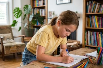 Fille écrivant dans un cahier à la maison pour ses révisions scolaires