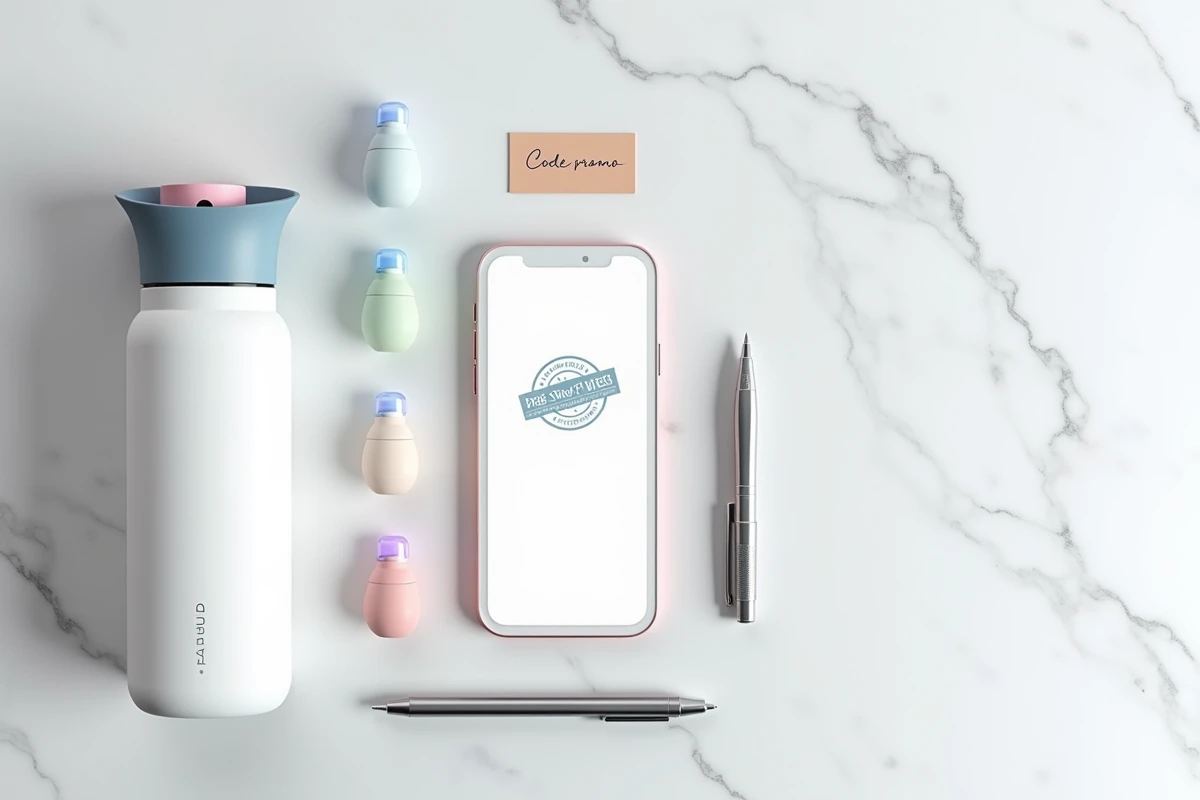 Flat lay minimaliste d'une bouteille Air Up, de pods aromatiques et d'un smartphone affichant une confirmation de commande avec livraison gratuite