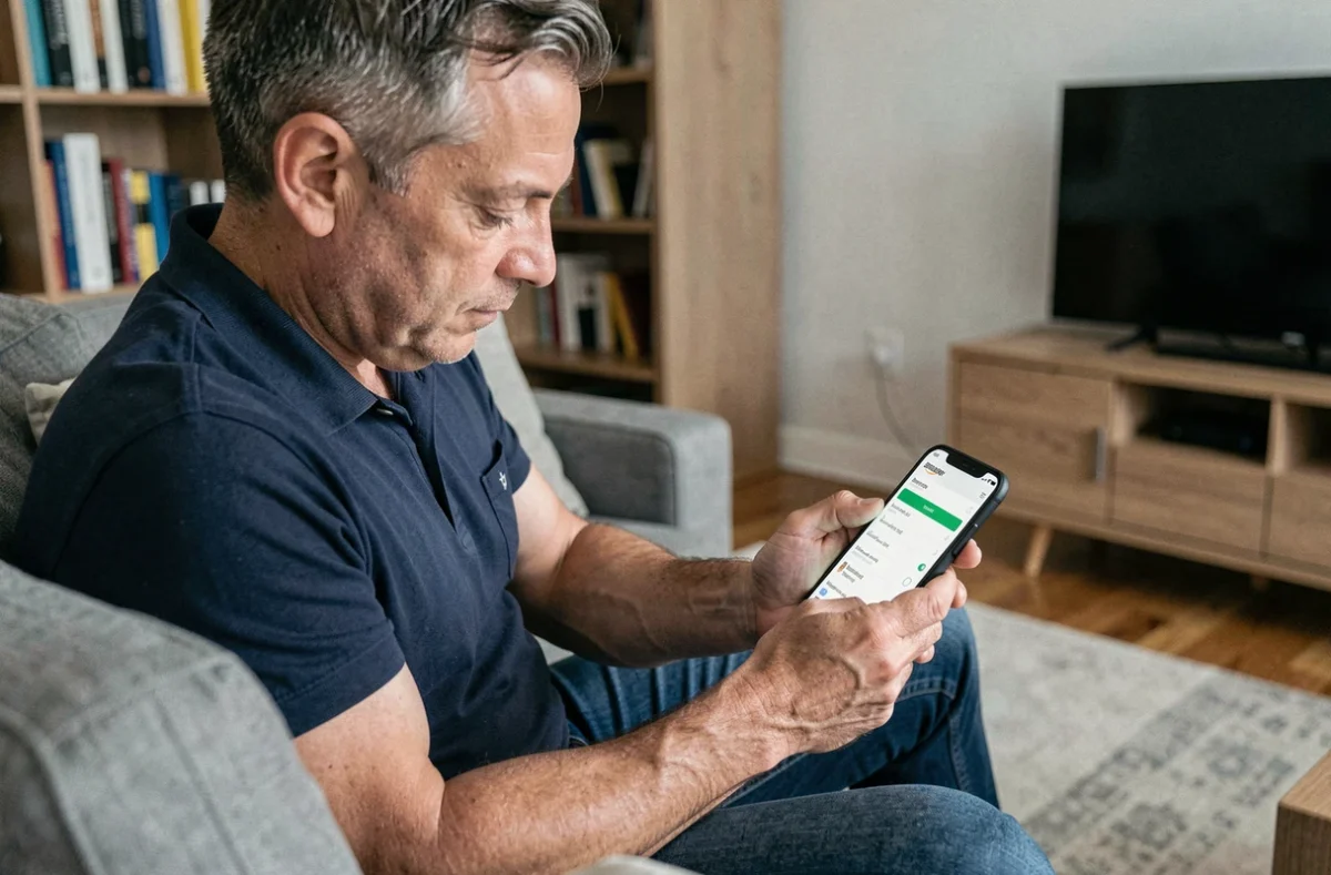 Homme gérant son abonnement Amazon Prime depuis l'application sur smartphone dans un salon
