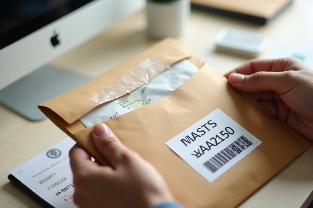 Gros plan sur une adresse manuscrite avec code postal mauricien sur une enveloppe d'envoi