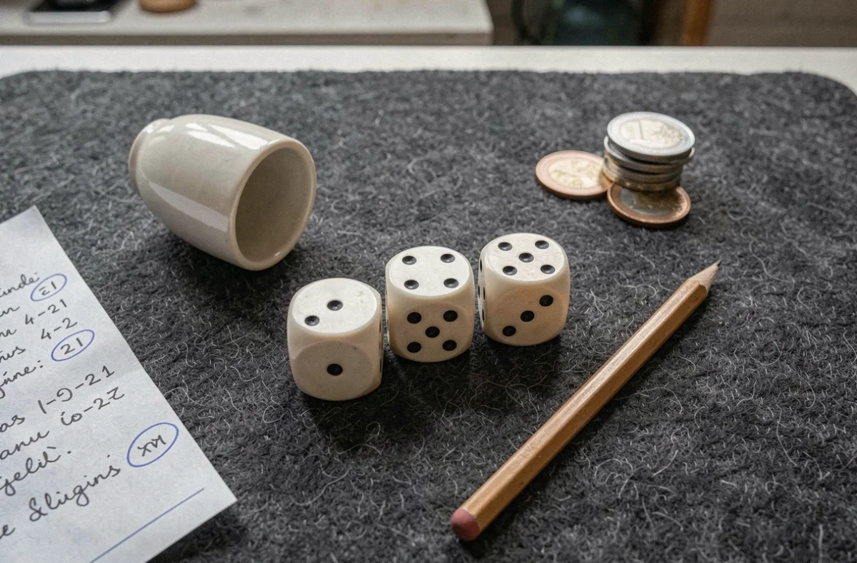 Gros plan vue de dessus de cinq dés formant un 421 avec une feuille de règles et des pièces sur un tapis de jeu