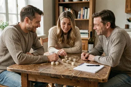 Groupe d'amis adultes autour d'une table en bois jouant au 421 avec des dés et une feuille de score annotée