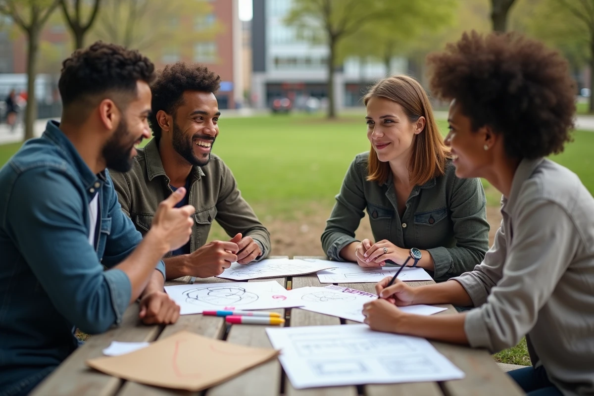 Groupe diversifié en brainstorming dans un parc public