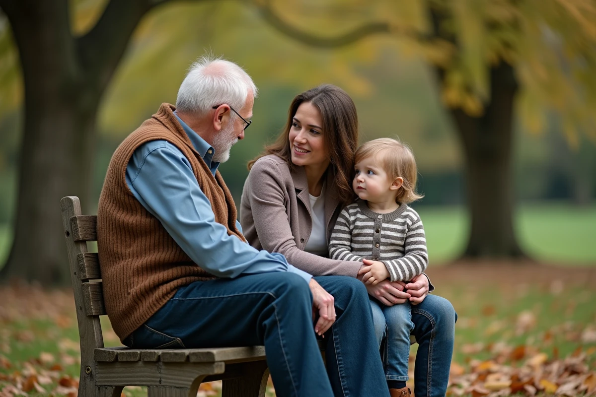 Famille réunie dans un parc en automne en pleine conversation