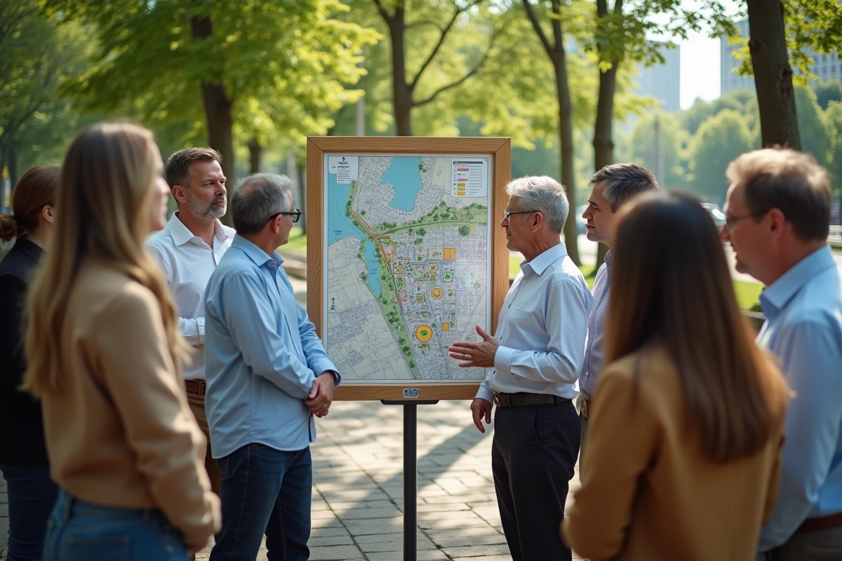 Groupe de planificateurs urbains discutant en extérieur